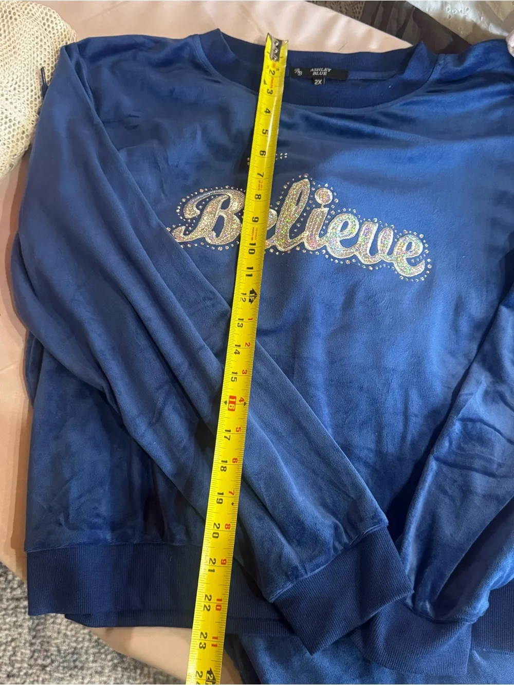 Ashley Blue velour Blue 'Believe' Embellished Lounge Set. Size 2x.
